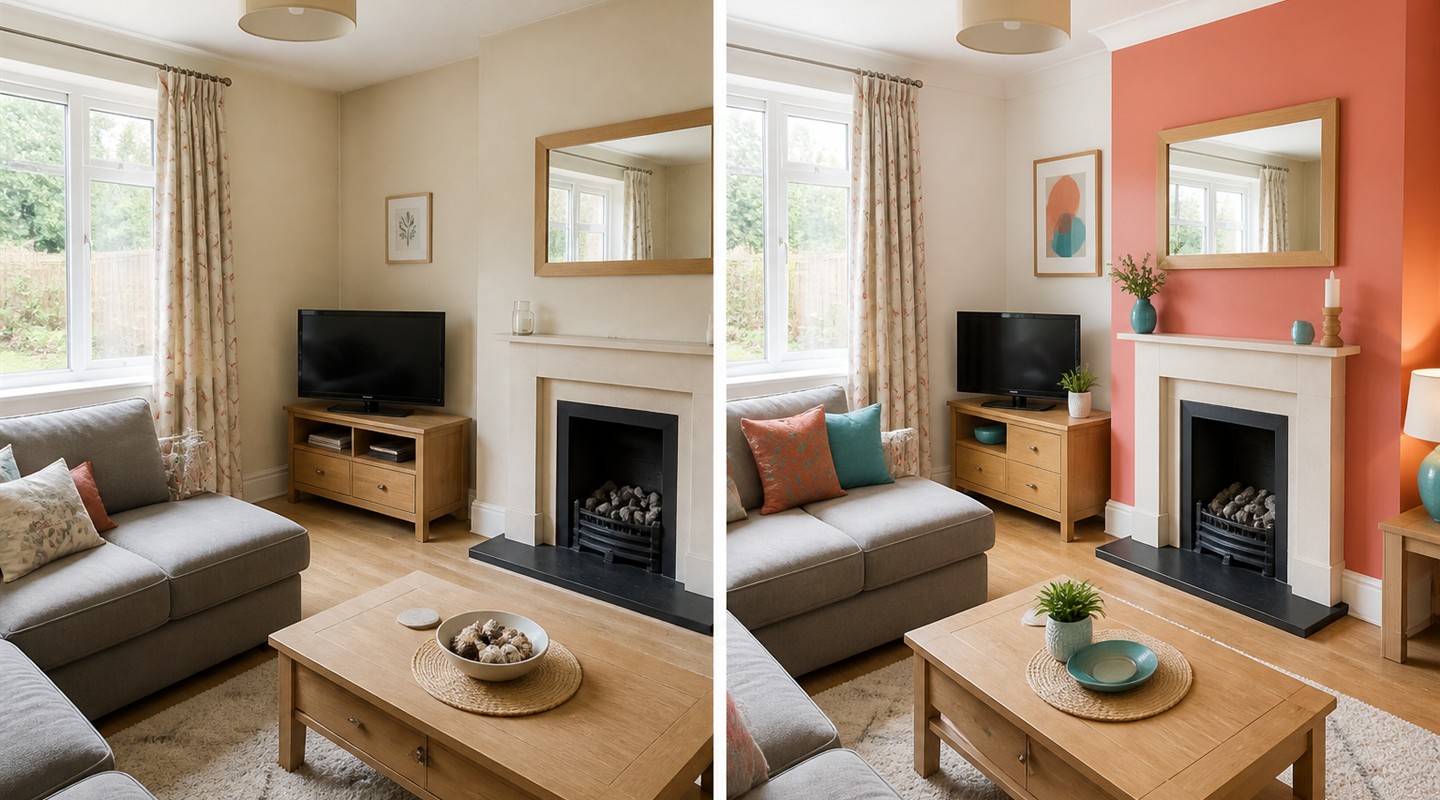 Illustrative matched living room before and after decorating