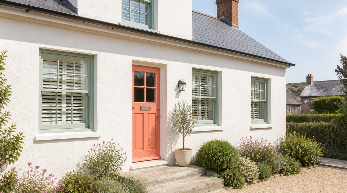 Illustrative freshly painted coastal cottage