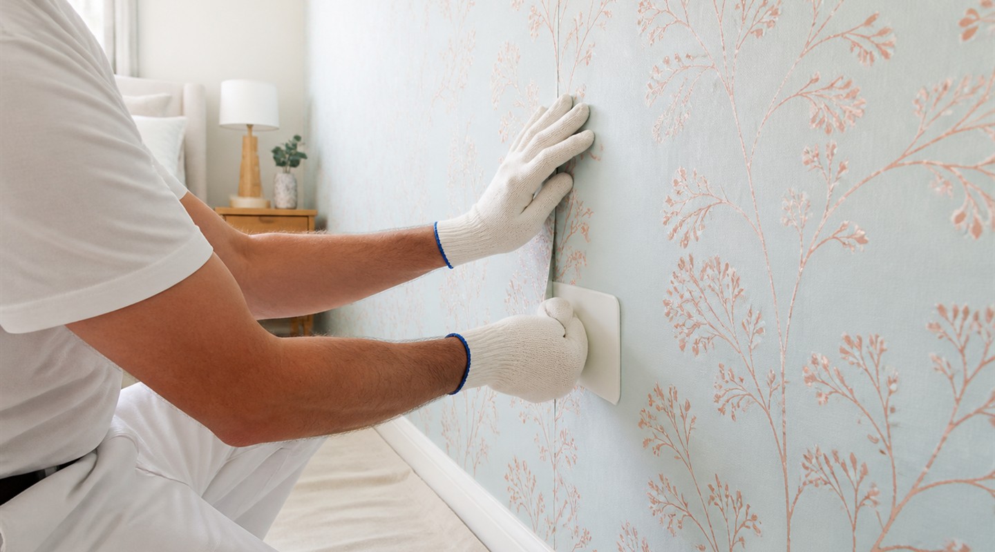 Illustrative wallpaper seam being aligned